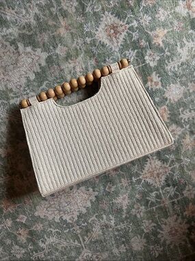 Beaded Handle Cream Woven Women's Handbag